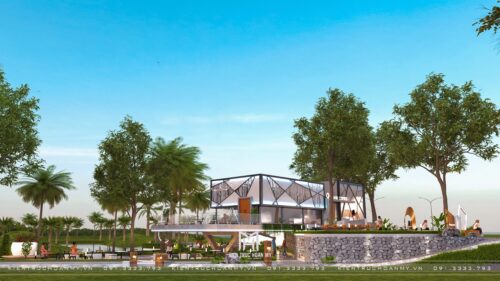 Phương án thiết kế quán cà phê sân vườn ven hồ Brand Coffee: nhà kính khung thép giữa vườn cây