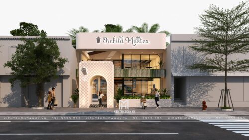 Thiết kế quán trà sữa Orchild Milktea tại Đà Nẵng: mặt tiền 70 m² tông hồng phấn với cổng vòm