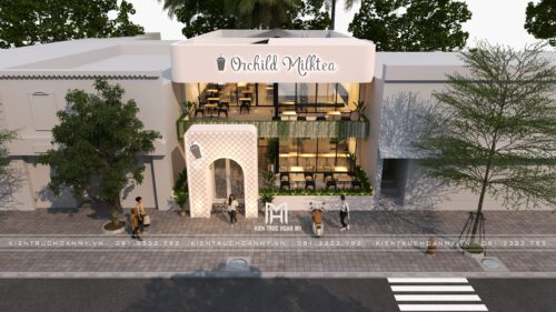 Thiết kế quán trà sữa Orchild Milktea tại Đà Nẵng: mặt tiền 70 m² tông hồng phấn với cổng vòm