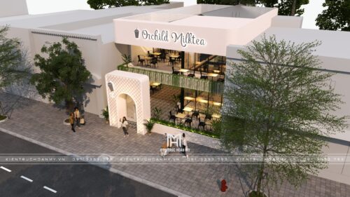 Thiết kế quán trà sữa Orchild Milktea tại Đà Nẵng: mặt tiền 70 m² tông hồng phấn với cổng vòm