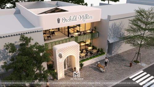 Thiết kế quán trà sữa Orchild Milktea tại Đà Nẵng: mặt tiền 70 m² tông hồng phấn với cổng vòm