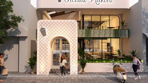 Thiết kế quán trà sữa Orchild Milktea tại Đà Nẵng: mặt tiền 70 m² tông hồng phấn với cổng vòm