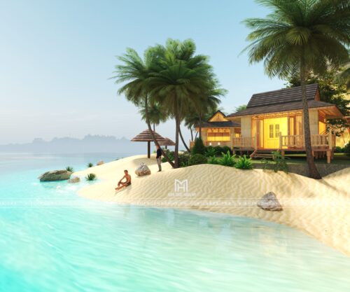 Thiết kế khu nghỉ dưỡng ven biển 12,5 ha tại Phan Thiết: quy hoạch theo vịnh cát, nhà điều hành bên cầu tàu và bungalow