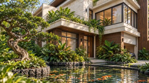 Biệt thự 3 tầng giật cấp – hồ koi, bonsai và ban công xanh