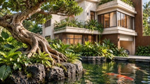 Biệt thự 3 tầng giật cấp – hồ koi, bonsai và ban công xanh