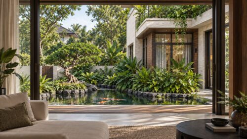 Biệt thự 3 tầng giật cấp – hồ koi, bonsai và ban công xanh