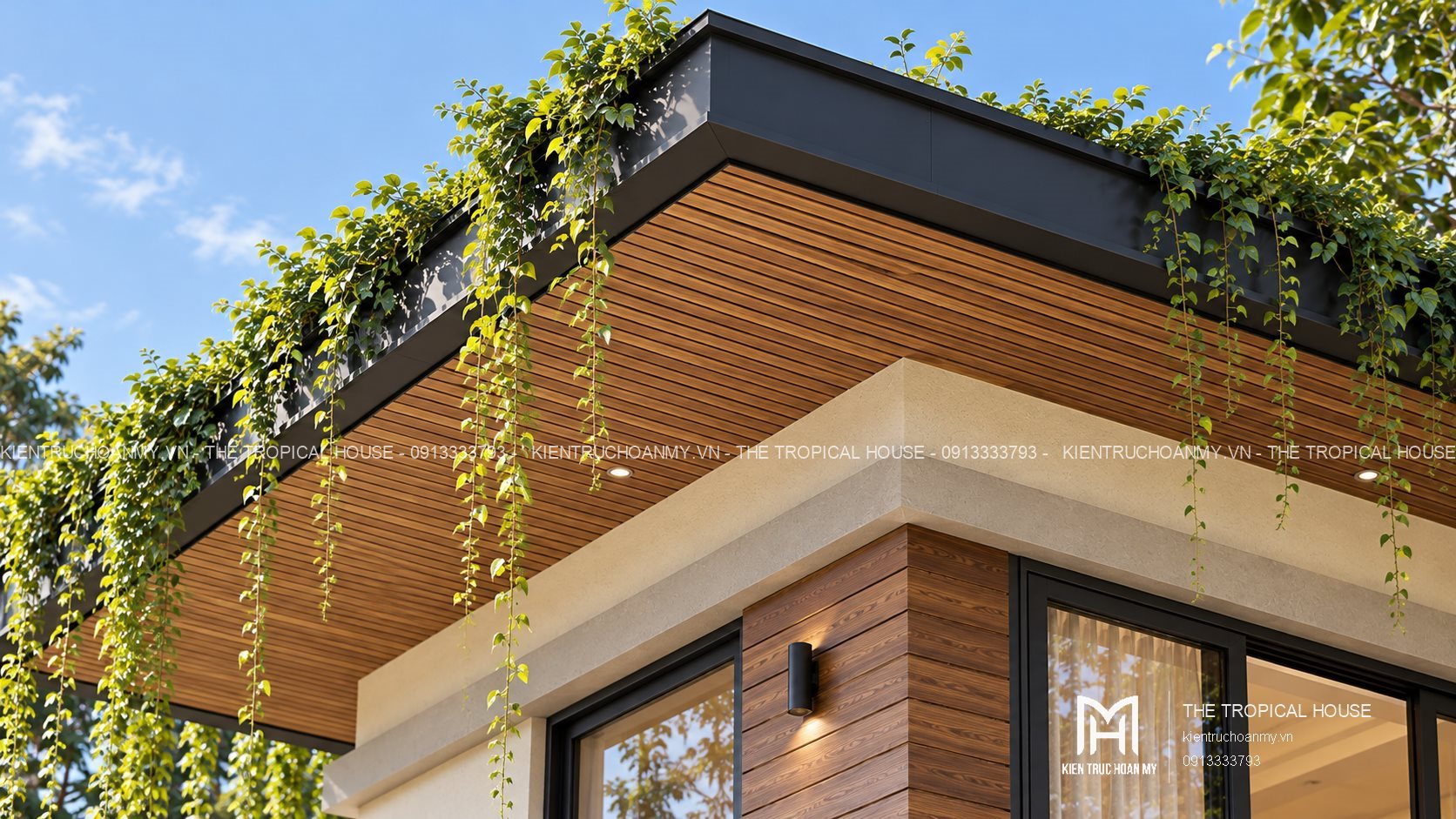 Mái gỗ đua rộng với dải cây rủ của villa Hiên Xanh