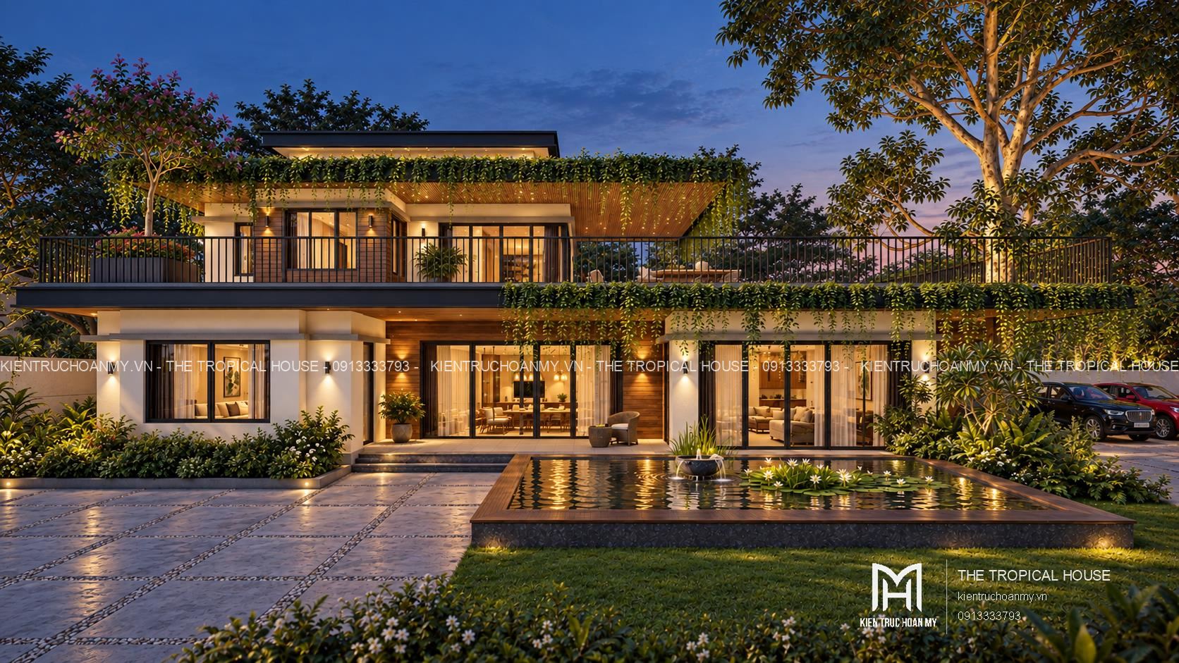 Villa Hiên Xanh lúc chạng vạng với ánh sáng ấm phản chiếu trên hồ