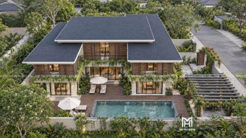 Villa lam gỗ có hồ bơi – mẫu homestay nguyên căn hai tầng