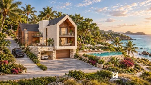 Biệt thự mái dốc trên đồi ven biển – khung đầu hồi nhìn ra vịnh