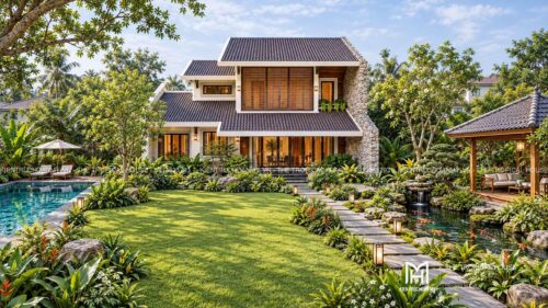 Biệt thự mái ngói xếp lớp – vườn hồ bơi, hồ cá koi và chòi thưởng trà
