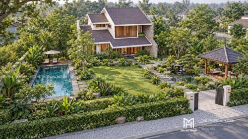 Biệt thự mái ngói xếp lớp – vườn hồ bơi, hồ cá koi và chòi thưởng trà