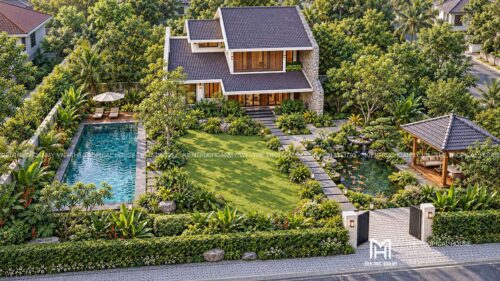 Biệt thự mái ngói xếp lớp – vườn hồ bơi, hồ cá koi và chòi thưởng trà