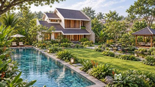 Biệt thự mái ngói xếp lớp – vườn hồ bơi, hồ cá koi và chòi thưởng trà