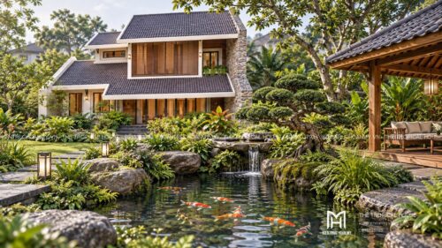 Biệt thự mái ngói xếp lớp – vườn hồ bơi, hồ cá koi và chòi thưởng trà