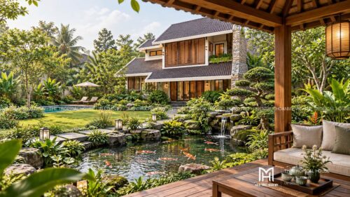 Biệt thự mái ngói xếp lớp – vườn hồ bơi, hồ cá koi và chòi thưởng trà
