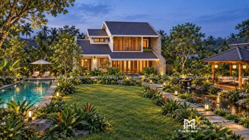 Biệt thự mái ngói xếp lớp – vườn hồ bơi, hồ cá koi và chòi thưởng trà