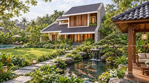 Biệt thự mái ngói xếp lớp – vườn hồ bơi, hồ cá koi và chòi thưởng trà