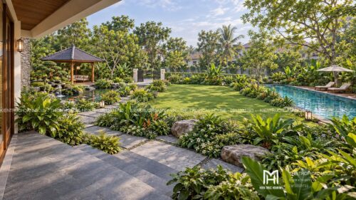 Biệt thự mái ngói xếp lớp – vườn hồ bơi, hồ cá koi và chòi thưởng trà