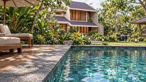 Biệt thự mái ngói xếp lớp – vườn hồ bơi, hồ cá koi và chòi thưởng trà