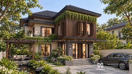 Biệt thự ven đô Sơn Tây 450 m² – mái dốc ngói ghi, vườn hồ cá