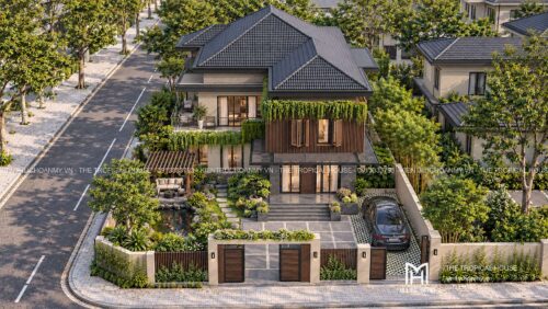 Biệt thự ven đô Sơn Tây 450 m² – mái dốc ngói ghi, vườn hồ cá