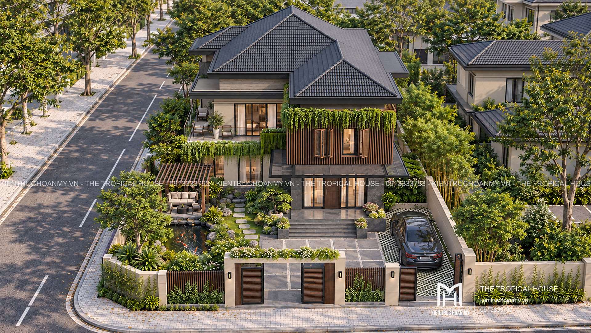 Tổng thể biệt thự Sơn Tây nhìn từ trên cao với sân đỗ xe và vườn hồ cá