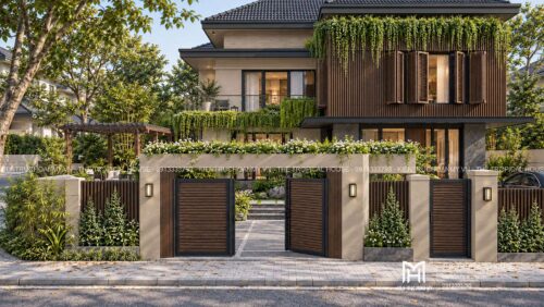 Biệt thự ven đô Sơn Tây 450 m² – mái dốc ngói ghi, vườn hồ cá
