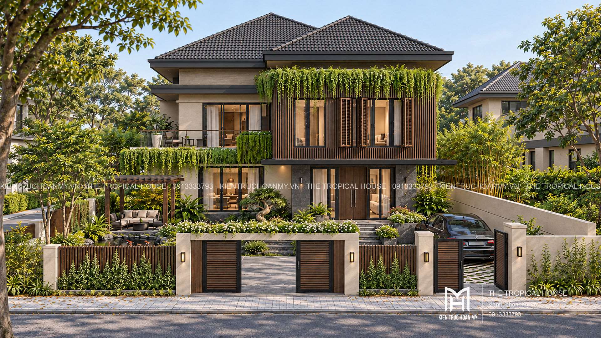 Mặt chính biệt thự hai tầng với mái dốc và lam gỗ