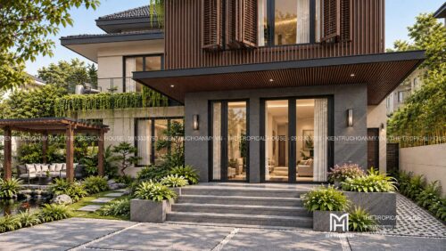 Biệt thự ven đô Sơn Tây 450 m² – mái dốc ngói ghi, vườn hồ cá
