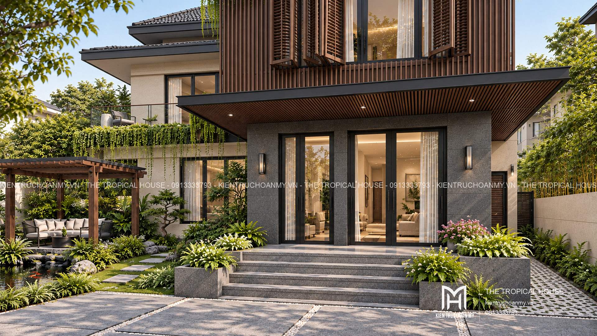 Bậc đá lên sảnh biệt thự dưới mái đua