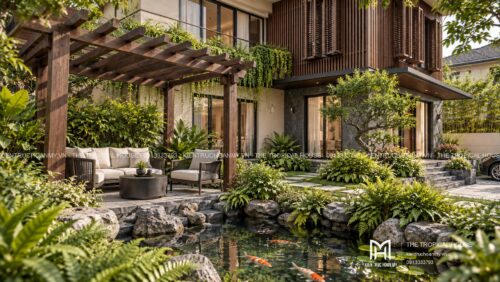 Biệt thự ven đô Sơn Tây 450 m² – mái dốc ngói ghi, vườn hồ cá
