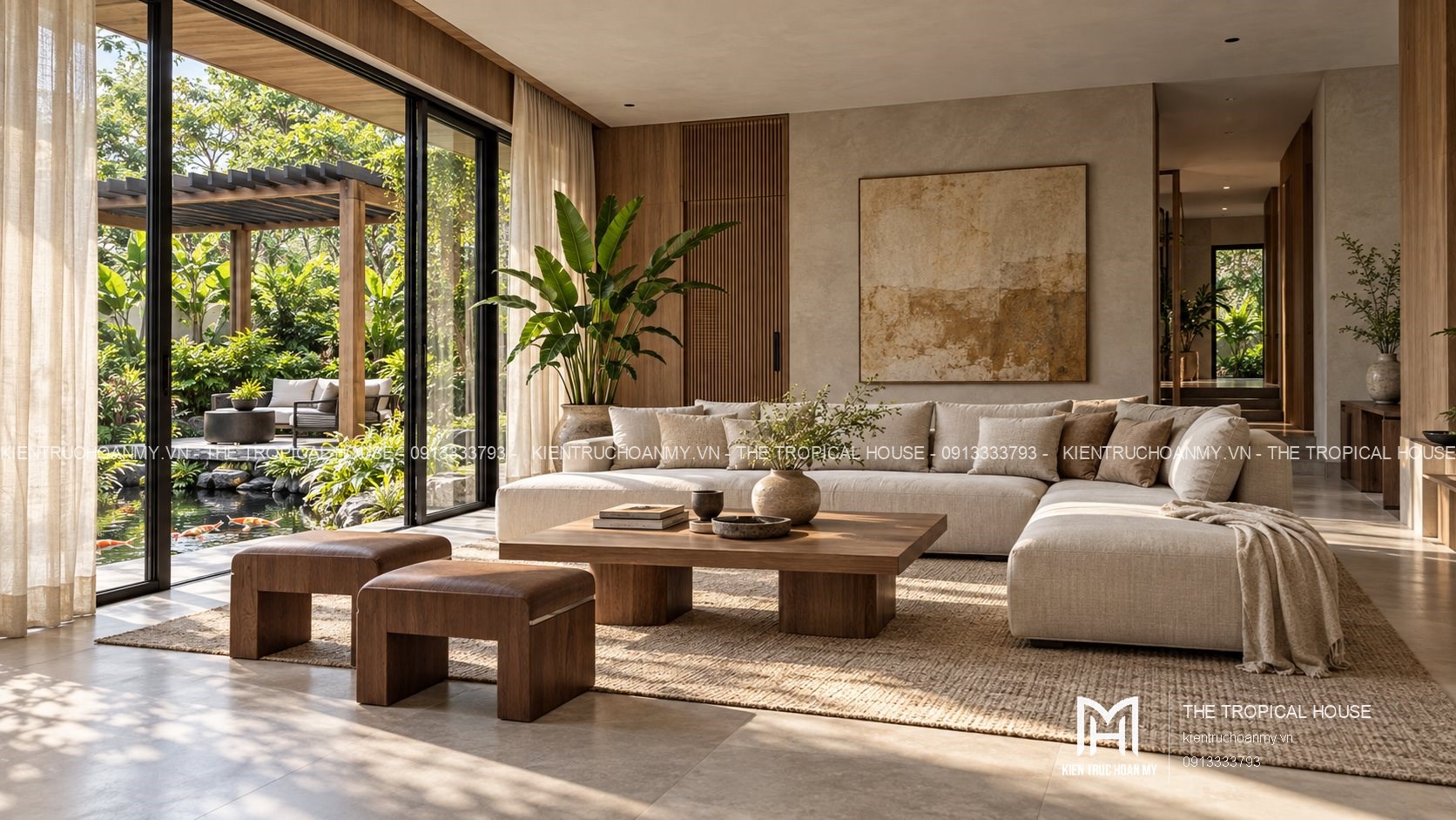 Phòng khách biệt thự Sơn Tây với sofa kem gỗ nâu và cửa kính nhìn ra vườn