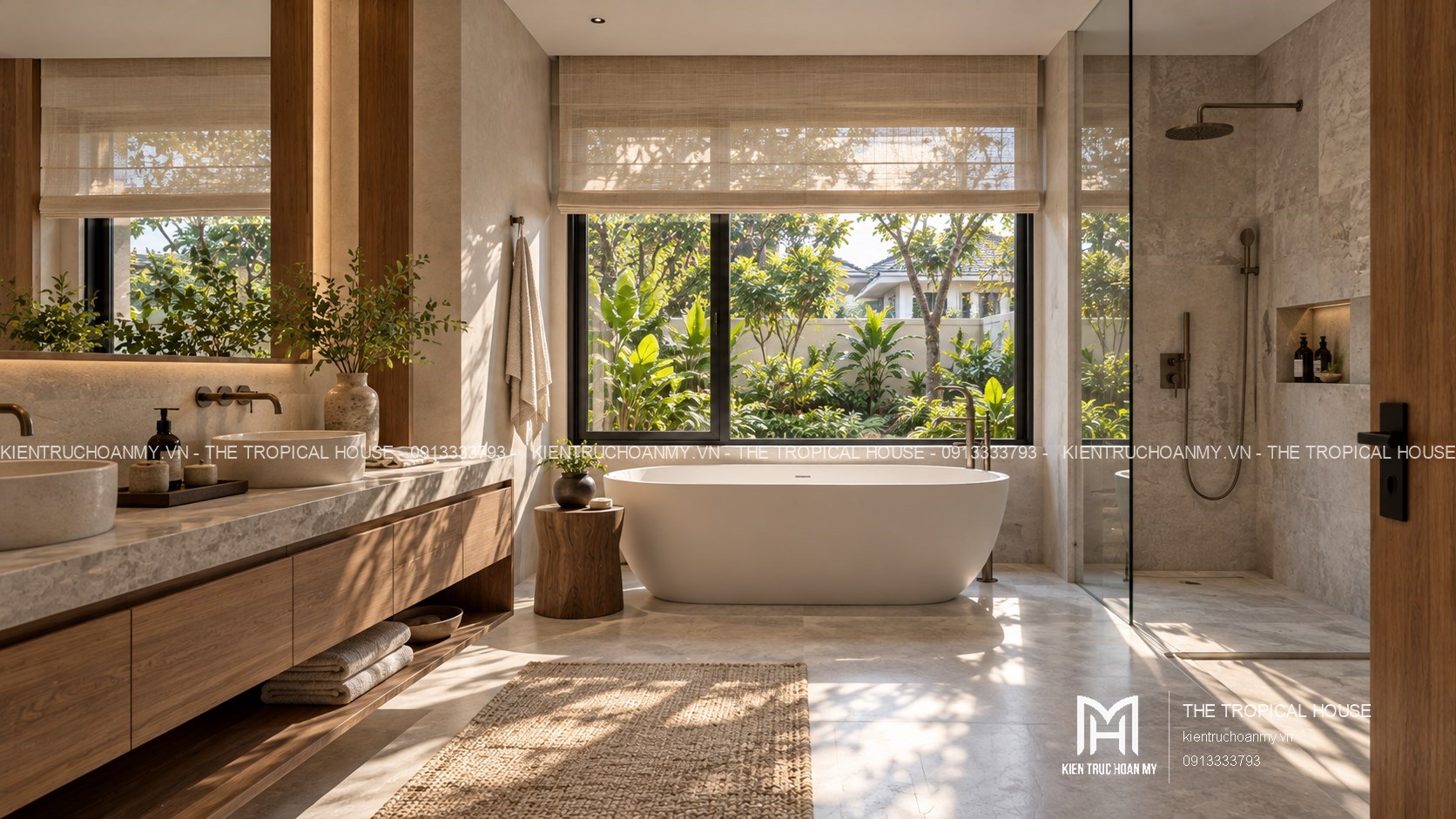 Phòng tắm với bồn ngâm oval hướng vườn