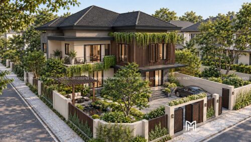 Biệt thự ven đô Sơn Tây 450 m² – mái dốc ngói ghi, vườn hồ cá