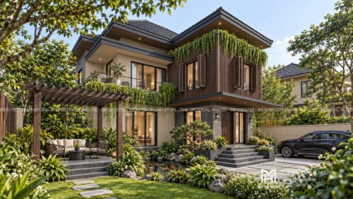 Biệt thự ven đô Sơn Tây 450 m² – mái dốc ngói ghi, vườn hồ cá