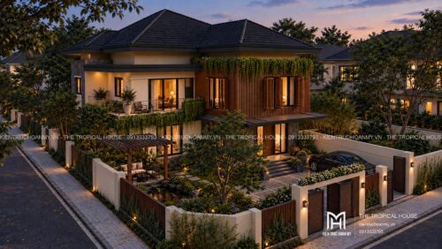 Biệt thự ven đô Sơn Tây 450 m² – mái dốc ngói ghi, vườn hồ cá