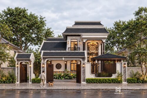 Thiết kế biệt thự Indochine Hà Nội – sảnh hiên, thông tầng, gió trời