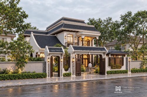 Thiết kế biệt thự Indochine Hà Nội – sảnh hiên, thông tầng, gió trời