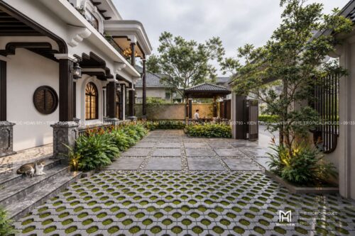 Thiết kế biệt thự Indochine Hà Nội – sảnh hiên, thông tầng, gió trời