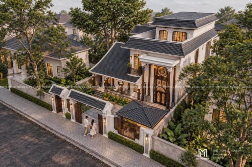 Thiết kế biệt thự Indochine Hà Nội – sảnh hiên, thông tầng, gió trời