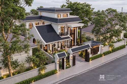 Thiết kế biệt thự Indochine Hà Nội – sảnh hiên, thông tầng, gió trời