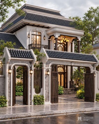 Thiết kế biệt thự Indochine Hà Nội – sảnh hiên, thông tầng, gió trời
