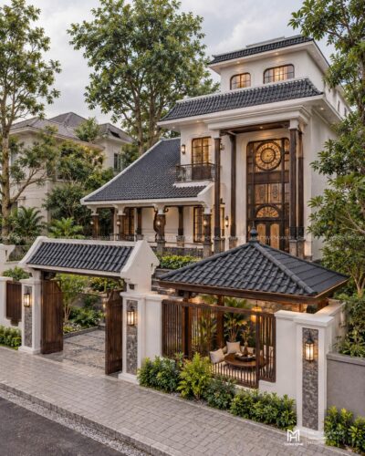 Thiết kế biệt thự Indochine Hà Nội – sảnh hiên, thông tầng, gió trời