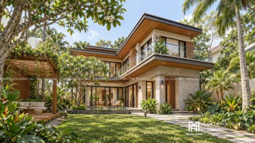 Biệt thự chữ L hai tầng – sân trong, hồ súng và chòi nghỉ giàn gỗ