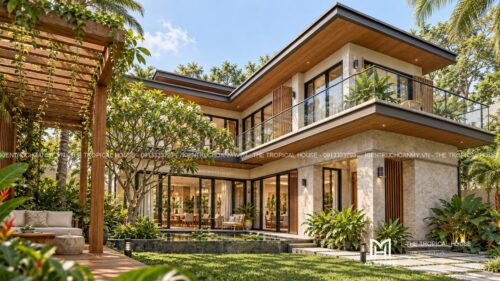 Biệt thự chữ L hai tầng – sân trong, hồ súng và chòi nghỉ giàn gỗ