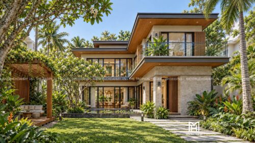Biệt thự chữ L hai tầng – sân trong, hồ súng và chòi nghỉ giàn gỗ