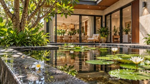 Biệt thự chữ L hai tầng – sân trong, hồ súng và chòi nghỉ giàn gỗ