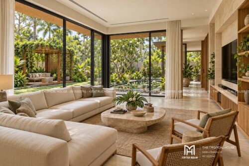 Biệt thự chữ L hai tầng – sân trong, hồ súng và chòi nghỉ giàn gỗ