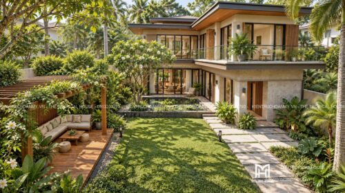 Biệt thự chữ L hai tầng – sân trong, hồ súng và chòi nghỉ giàn gỗ